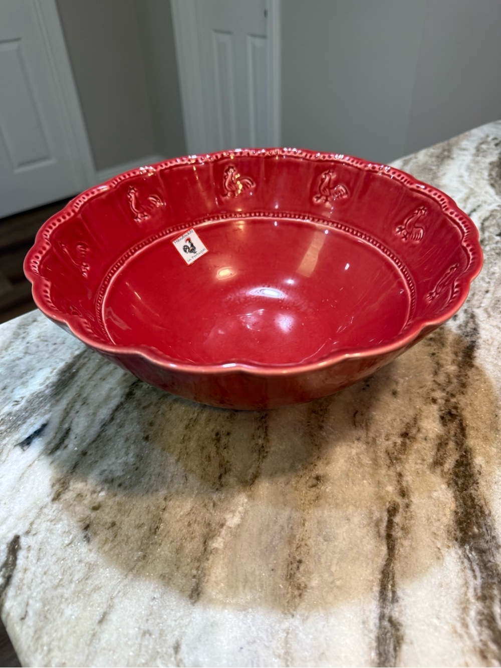 Ceramica Cerapa Portugal Red Rooster Embossed Serving Bowl 11” Handmade